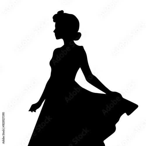 Black & white vector silhouette of vintage woman portrait retro style on white background