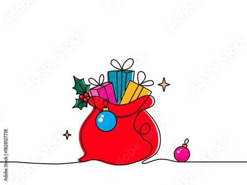 Santa Claus's bag full of gifts. Flat vector in linear style. Template for a greeting card for New Year and Christmas. Vector illustration isolated on white background.