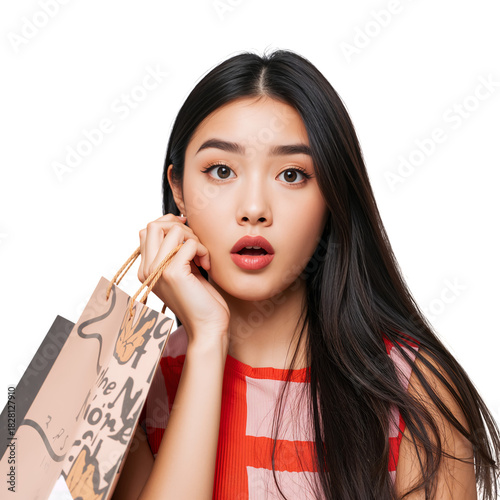 Young Woman With Long Hair Holds Shopping Bag and Looks Surprised in a Studio...