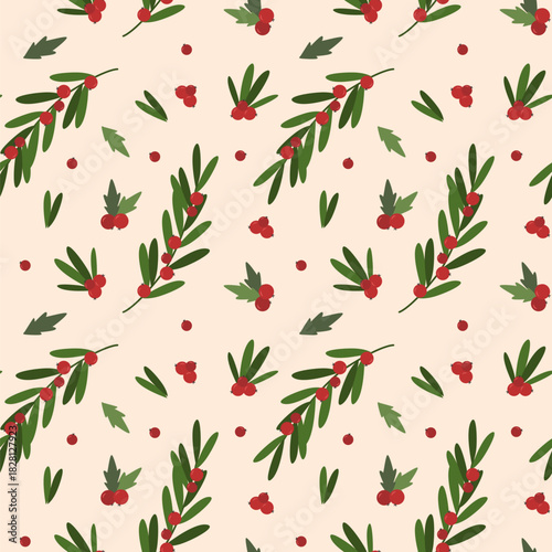 Vector holiday botanical seamless pattern. New Year red berries, branches, holly, green leaves on beige background.