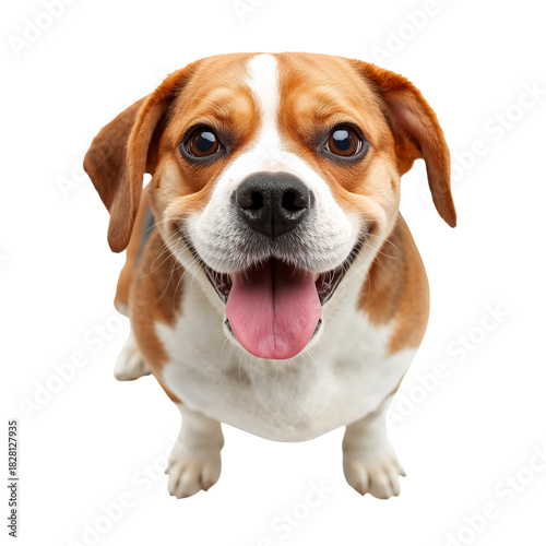 Happy Beagle Dog Sitting and Smiling With Its Tongue out Indoors