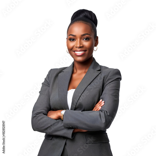 Confident Business Professional in a Gray Suit Posing With Arms Crossed Indoors