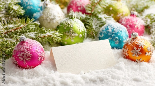 A white card with a blank space sits on a snowy ground next to a bunch of colorful Christmas ornaments