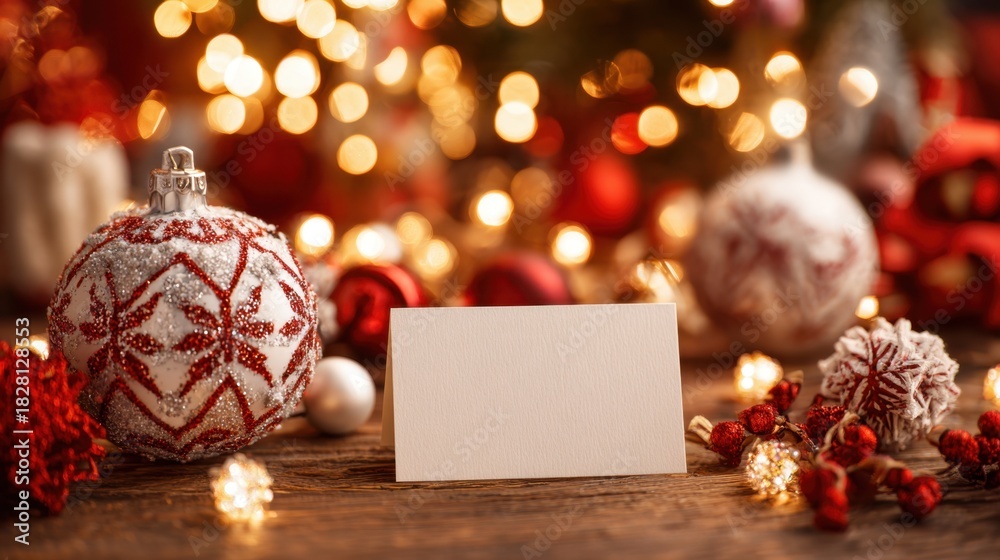 Obraz premium A white card sits on a table with a red and white ornament and other ornaments. The card is blank, and the table is decorated with Christmas decorations. Concept of warmth and festivity
