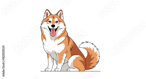A happy and friendly cartoon Akita Inu dog sitting with its tongue out and tail curled up in a cheerful pose on a white background.