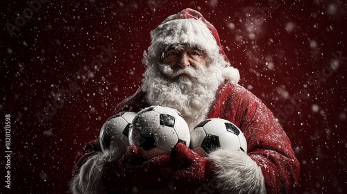 Santa Claus enjoys a snowy day holding soccer balls during the festive season