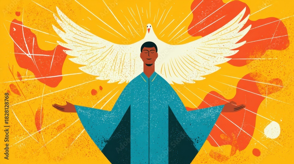 Obraz premium A man is holding a bird in his arms, and the bird is white. The image has a religious theme, and the man is likely a priest or a religious figure. The bird is a symbol of peace and freedom
