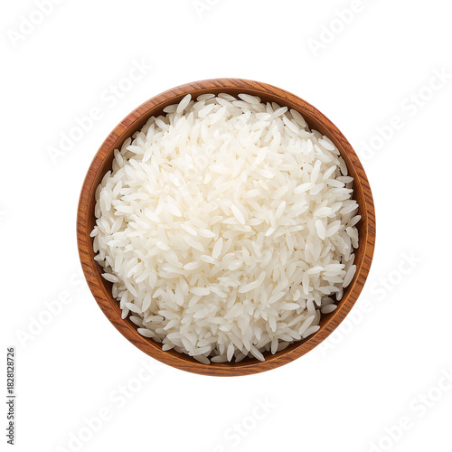 White Rice in a Bowl With a Scoop and Burlap Bag on a Plain Background for Co...