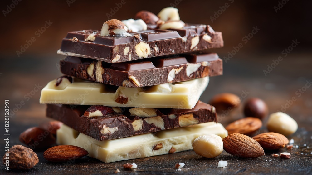 Obraz premium A stack of chocolate bars with nuts on top. Concept of indulgence and luxury, as the chocolate bars are piled high and surrounded by nuts. The combination of the rich chocolate