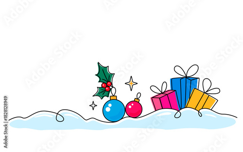 Gifts from Santa Claus, Christmas balls, and holly leaves in a snowdrift. Flat vector illustration in linear style. Greeting card template for New Year and Christmas. Vector illustration on a white