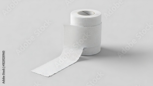 Roll of white cloth hockey tape with an unrolled strip isolated on a grey background.