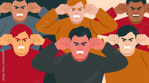 A group of people covering their ears with frustrated expressions.