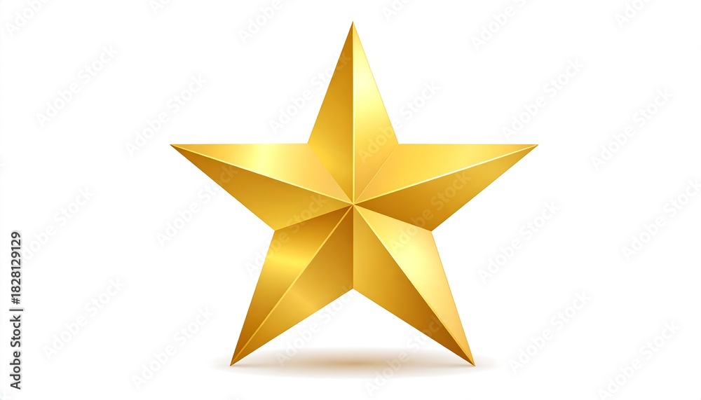 Fototapeta premium Gleaming golden five-pointed star with subtle shading on a white background, casting a soft shadow