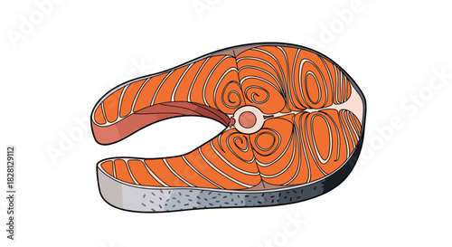 A fresh raw salmon steak with skin and bone illustrated in a detailed cartoon style and isolated on a white background for design.