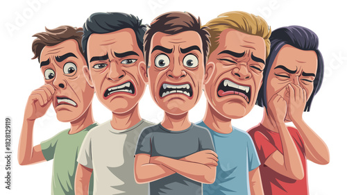 A group of men express an array of negative emotion.