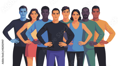 A diverse group of people united with hands on waist.