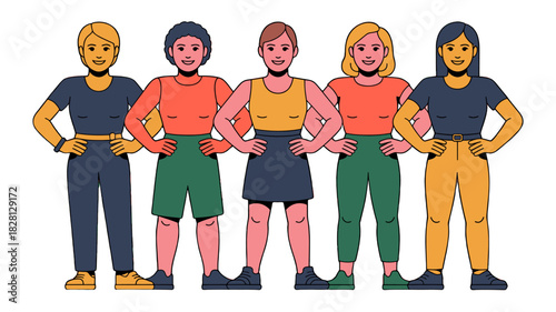 Diverse group of five women stand confidently, ready for action.