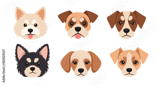 A charming collection of six different cute cartoon puppy dog faces with various breeds and expressions on a white background.