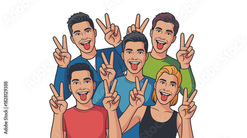 Group of friends making a peace sign and showing tongue.