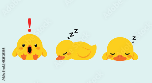 A set of three cute cartoon duckling characters showing different emotions including surprise and sleeping on a light blue background.