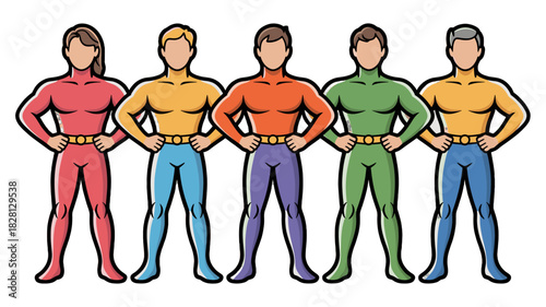 A team of five superheroes standing confidently.