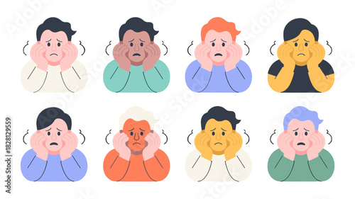 A collection of cartoon figures with cheeks in their hands exhibiting emotional reactions.