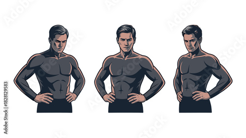 Three illustrations of a muscular man posing confidently.