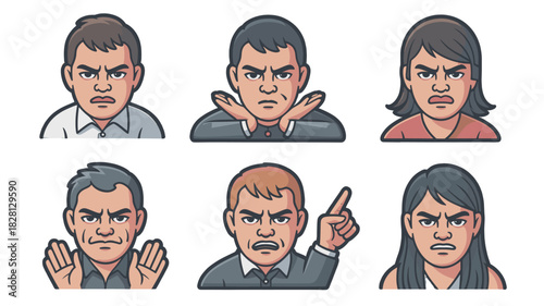 A collection of six cartoon illustrations showcasing individuals displaying expressions of anger.