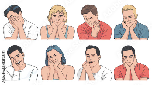 Diverse collection of people, each with a unique expression, resting their faces on their hands.