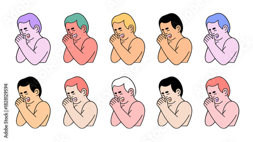 An artistic display of a series of colored illustrations of a person reacting with a shocked expression.