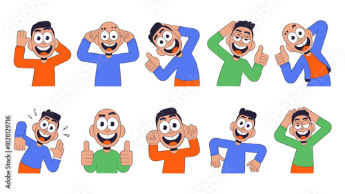 Cartoon illustration of men with various expressions and emotions.