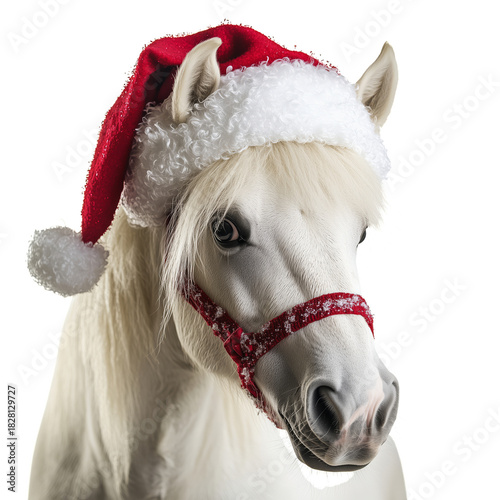 White Horse Wearing a Festive Santa Hat for Holiday Celebrations in a Cheerfu...