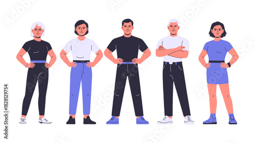 A group of five people standing confidently, facing the camera.