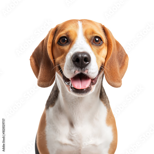 Beagle Dog With a Happy Expression Sits Against a White Background