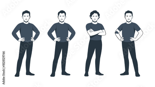 Four diverse figures, each standing in distinctive postures, their expressions enigmatic.