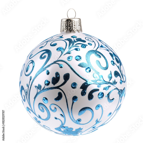 Decorative Blue and White Ornament Shining in Bright Light During Holiday Season