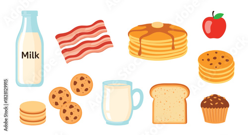 A collection of various classic breakfast food items including pancakes bacon milk toast and cookies isolated on a white background.