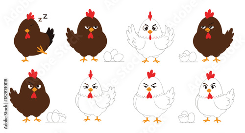 A collection of angry and grumpy cartoon chicken and hen characters in various poses both colored and as line art for coloring.