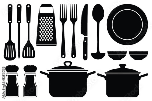 A collection of kitchen utensils, cookware, and tableware arranged in a graphic layout.
