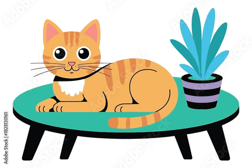 An adorable orange tabby cat rests peacefully on a table next to a potted plant.