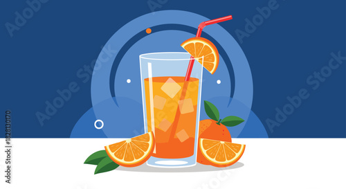 A refreshing glass of iced orange juice with a red straw and orange slice garnish surrounded by fresh oranges on a table.