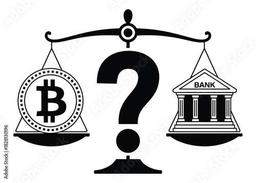 A scale balances a Bitcoin symbol against a bank building, representing a financial decision.