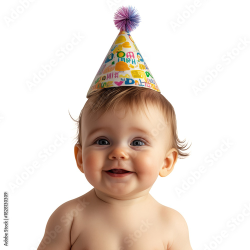 Joyful Baby Wearing a Colorful Party Hat Celebrating a Birthday Indoors