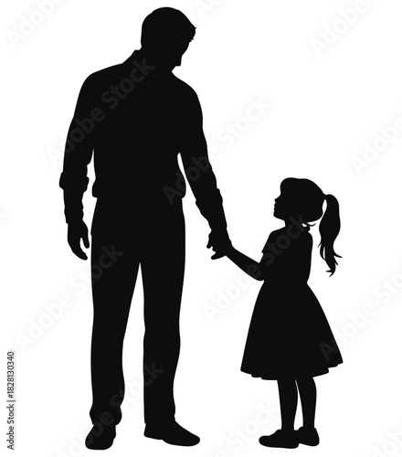 A father and daughter hold hands while looking at each other.
