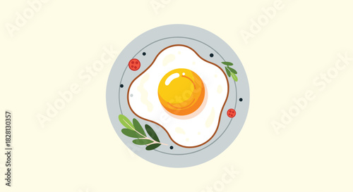 A simple and clean top-down illustration of a perfectly fried sunny-side-up egg on a plate with some garnishes and seasoning.