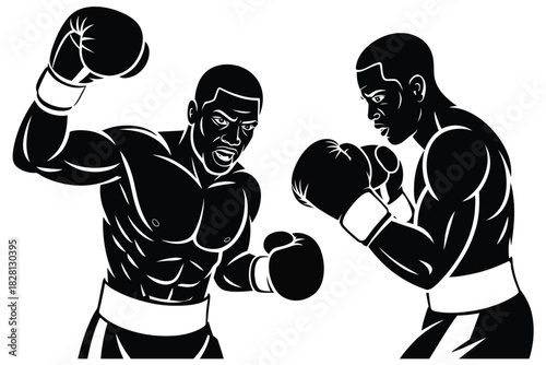 Two boxers engaged in a fierce fight during a boxing match.