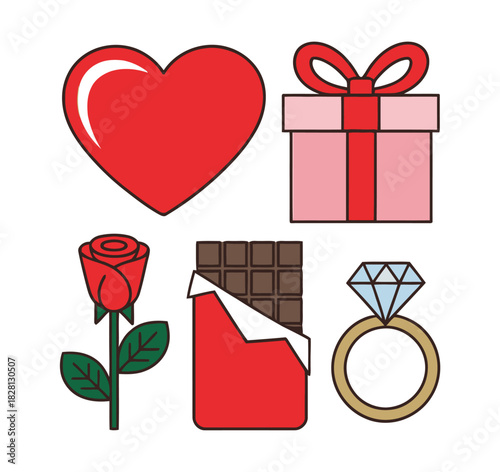 A collection of symbols representing love and romance, including a heart, gift, rose, chocolate, and diamond ring.