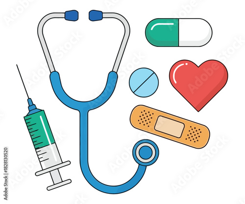 A collection of medical symbols including a stethoscope, syringe, pills, and a heart.