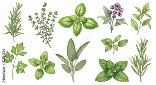 Watercolor illustration of various fresh culinary herbs isolated on transparent background