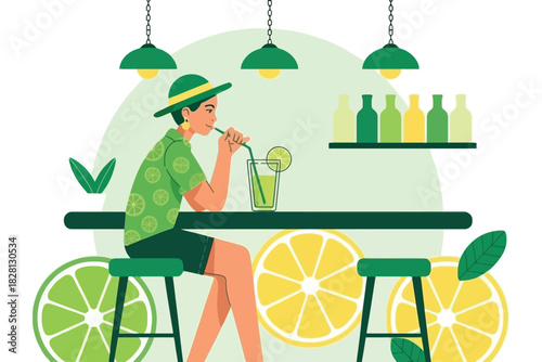 A person sits at a bar, enjoying a refreshing drink with citrus fruits surrounding the area.